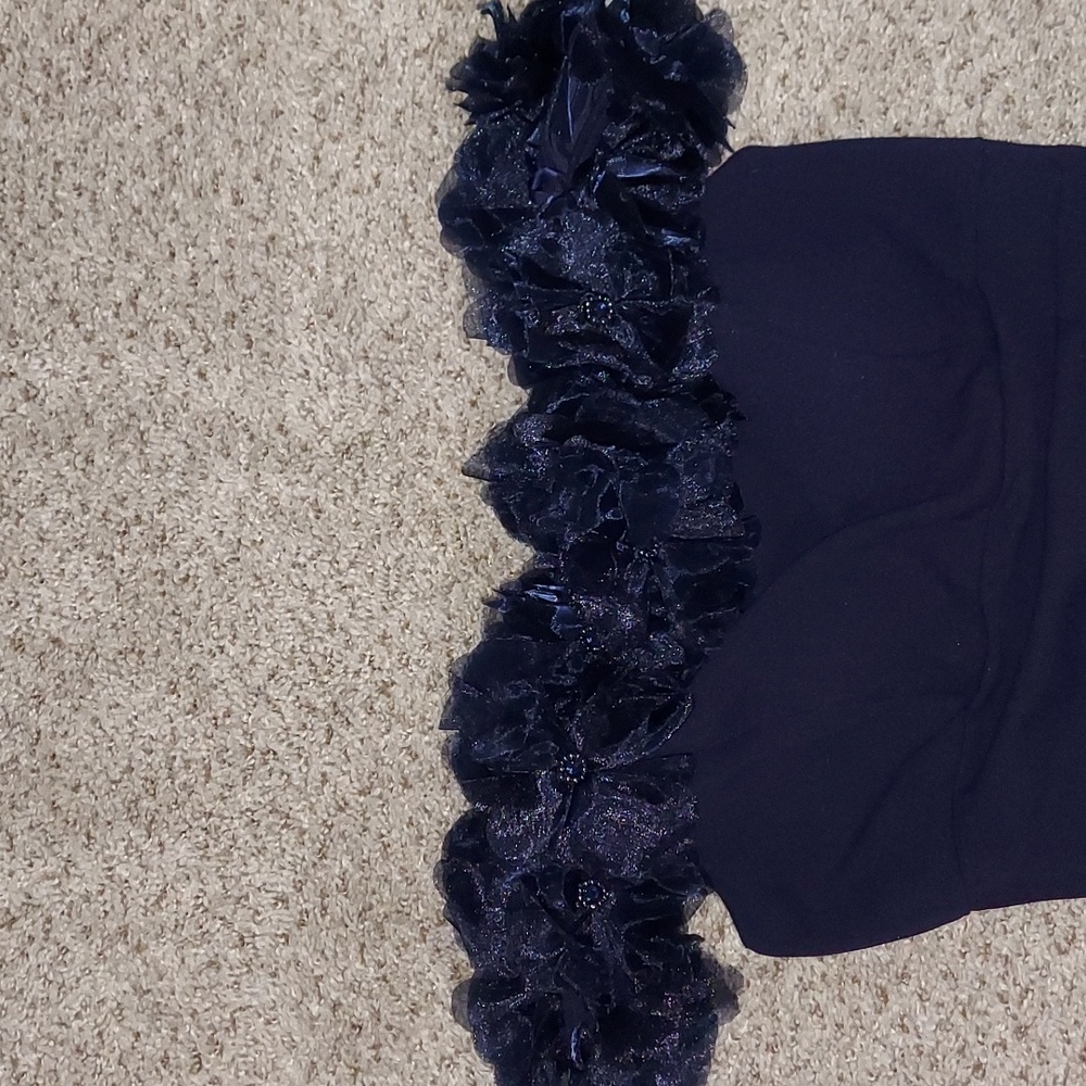 ⭐️SALE⭐️THIS WEEKEND⭐️ Xscape Navy Blue Off The Shoulder Dress With Flowers - Picture 3 of 8